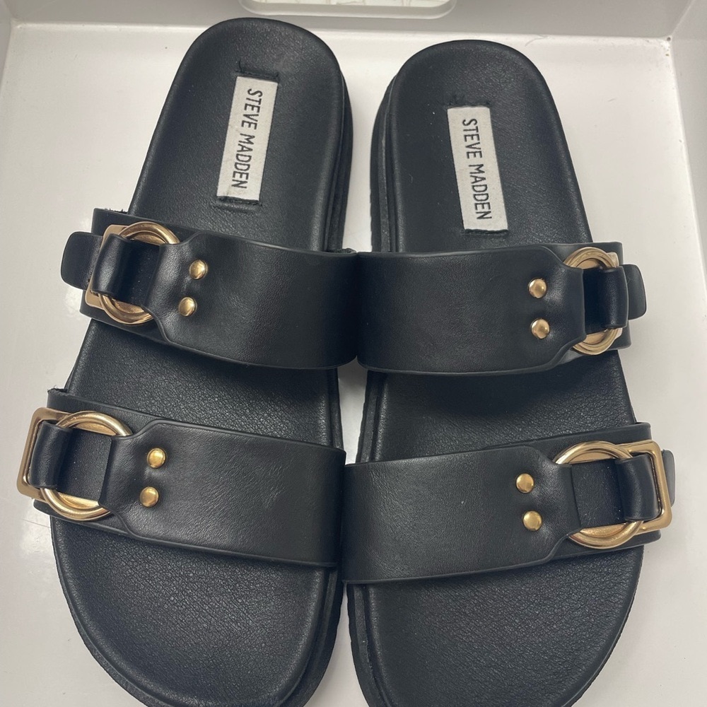 Steve Madden Black Slide Sandals with Gold Buckle Accents